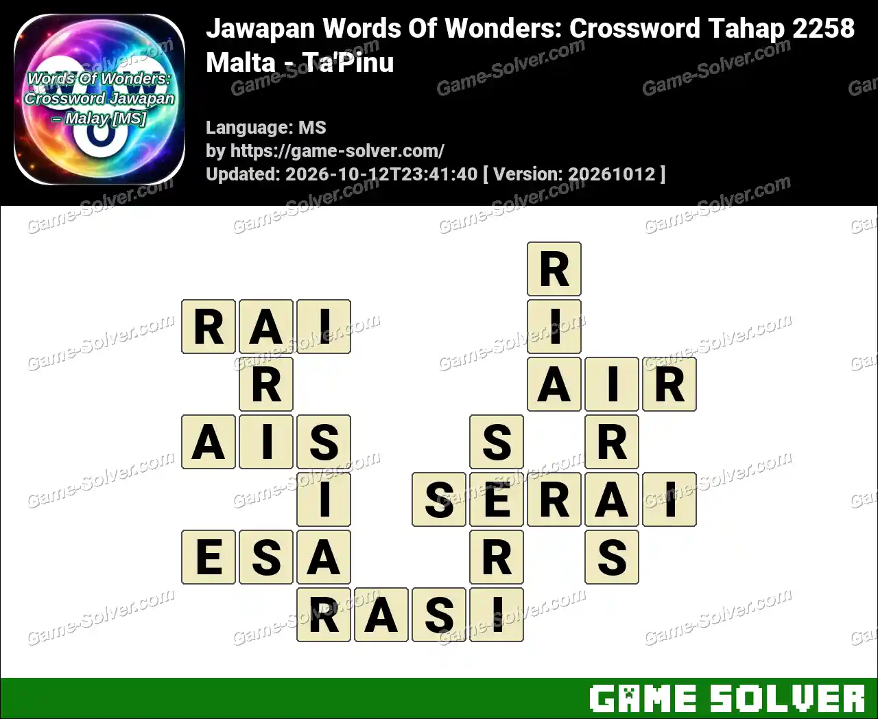 Jawapan Words Of Wonders: Crossword Tahap 2258 – Malta – Ta’Pinu